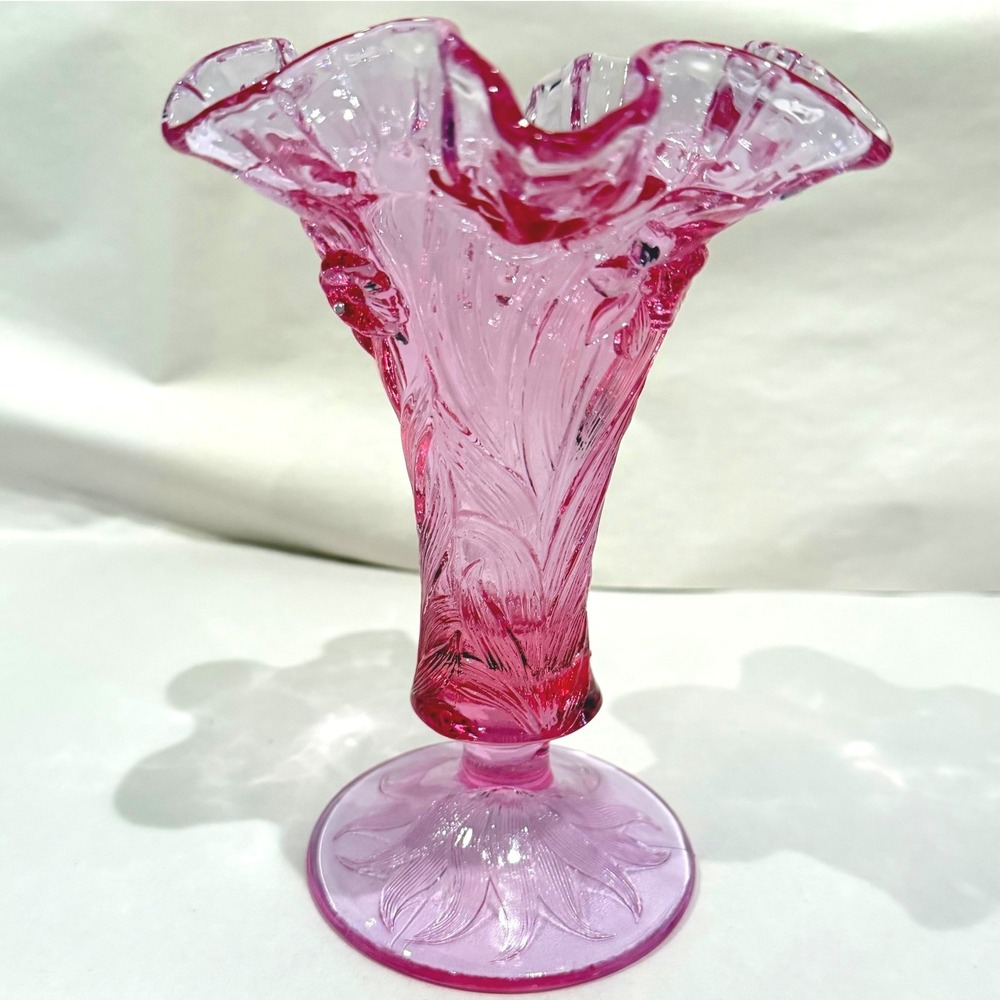 Fenton Empress Rose Pink Glass Vase Daffodil Embossed Ruffled Crimped Footed - Picture 2 of 8